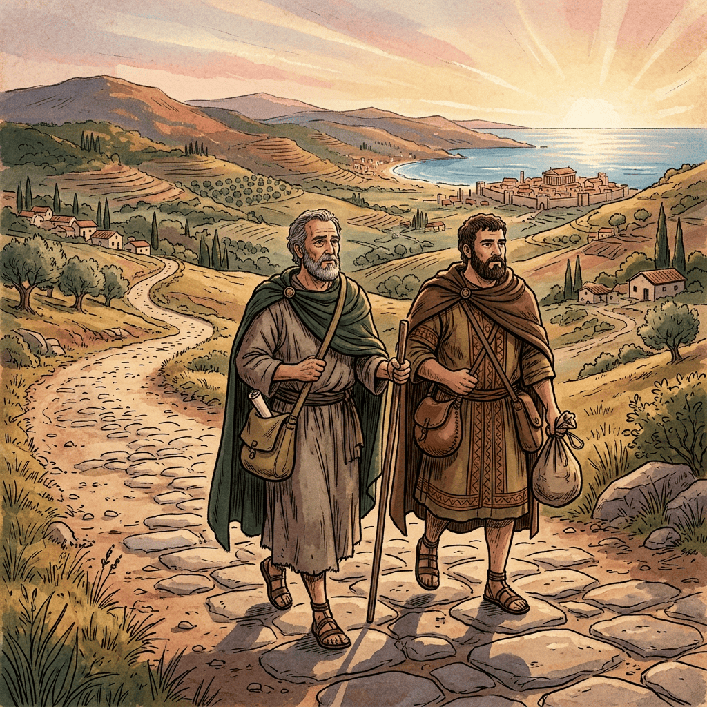 Two robed travelers walking along a stone road toward a coastal settlement